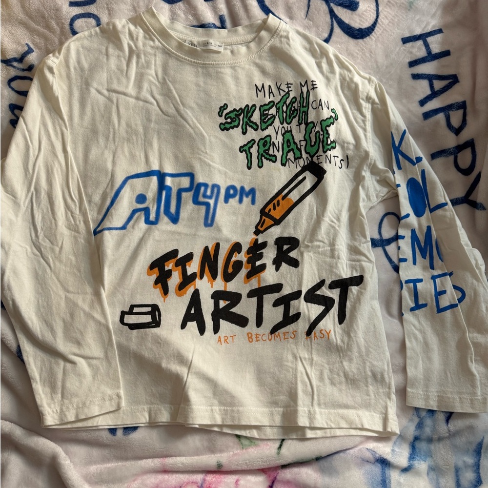 Zara White Long Sleeve Tee with Green, Blue & Orange Graphic